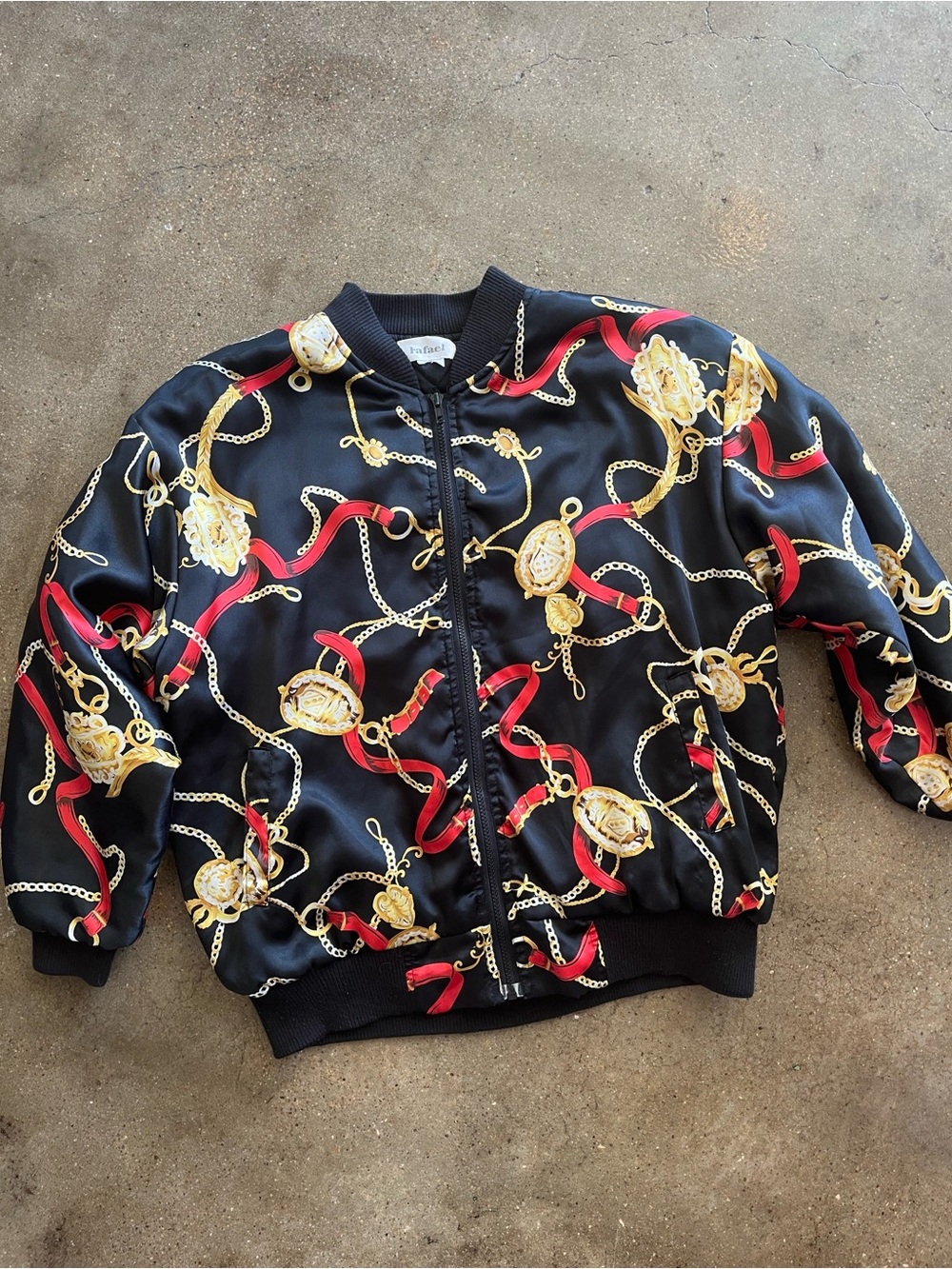 RAFAEL Black Bomber Jacket with Gold and Red Chain Print